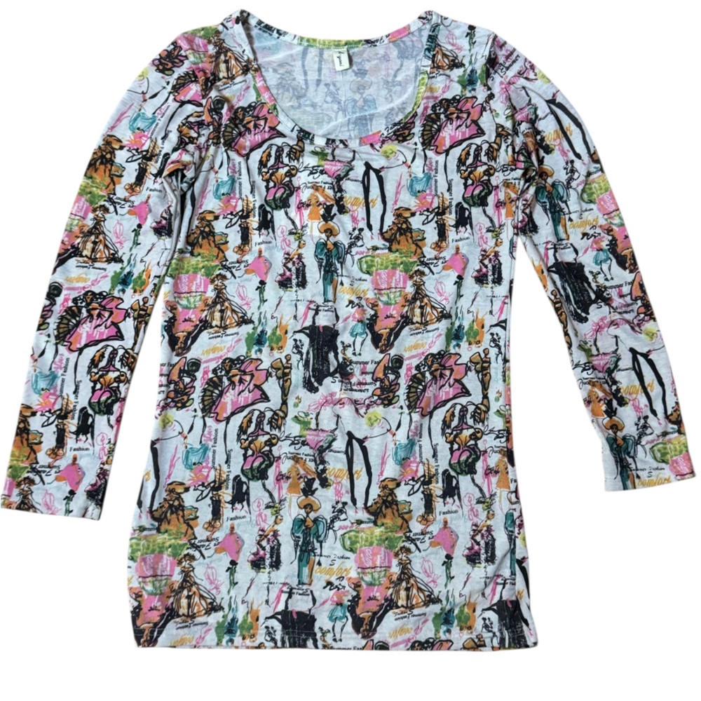A’Gaci Multicolor Abstract Print Long Sleeve Tunic Top Scoop Neck Size M